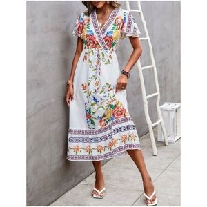 Boho Floral Print Butterfly Sleeve Cottagecore Dress